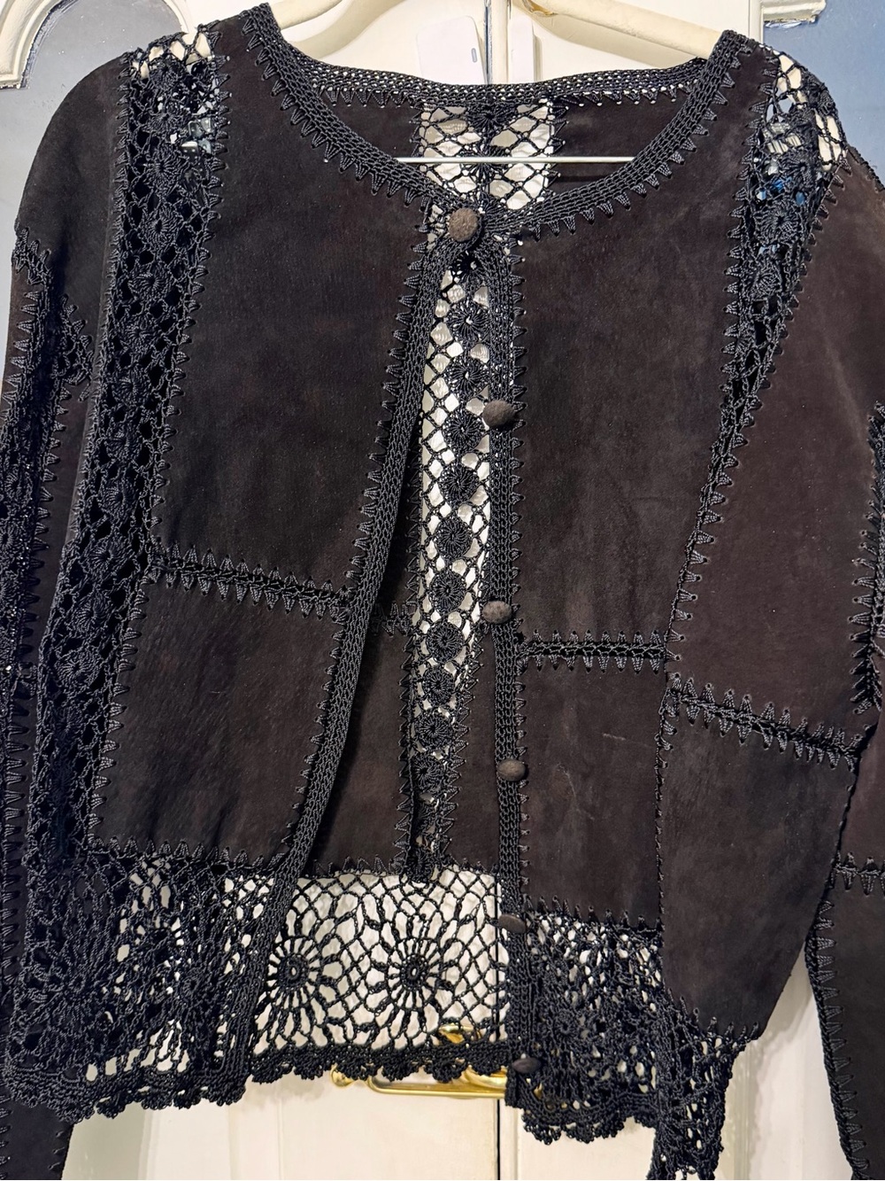 Women’s Black Suede Crochet-Trim Jacket